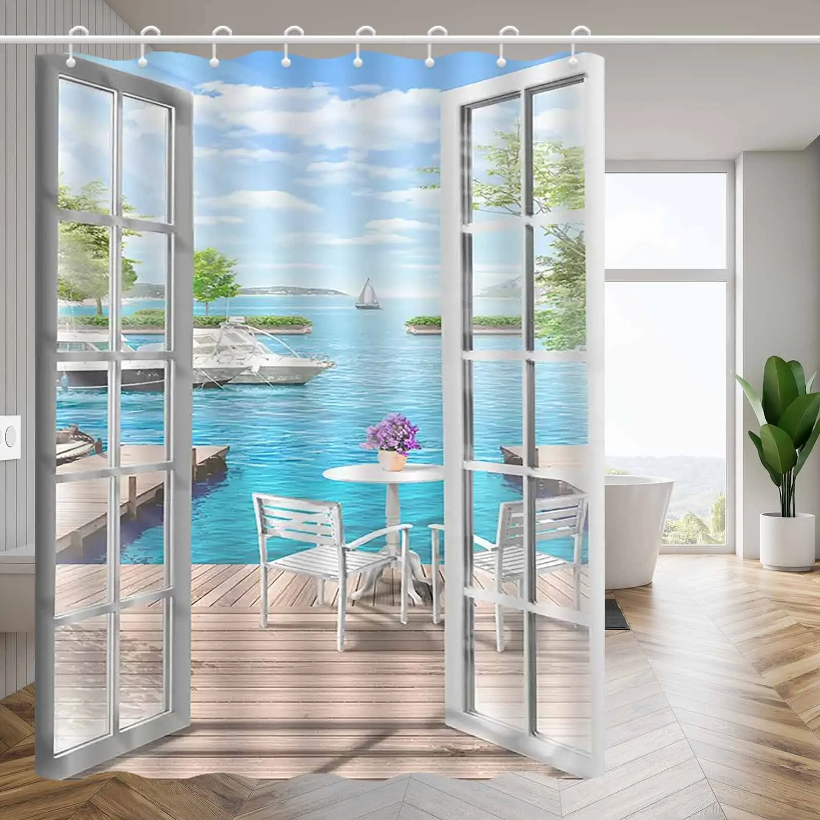 

1pc romantic sea view ocean beach shower curtain, high-end elegant bathroom curtain, bathroom decoration pattern