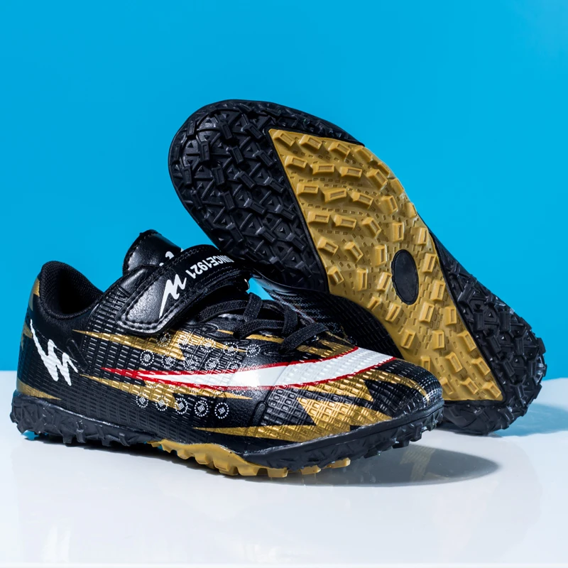 Unisex Children TF Turf Football Shoes Hook and Loop Lightweight Anti Slip Youth Beginner Training Soccer Cleats For Boys Girls