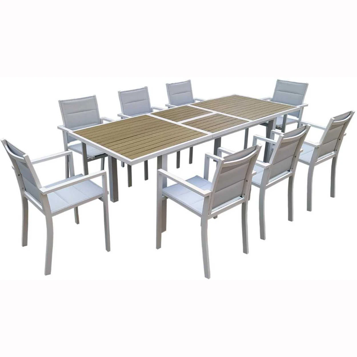 

9pcs Aluminum Extensional Dining Table Testlin Padded Chair Set for Outdoor Kitchen Hotel Farmhouse Villa Courtyard