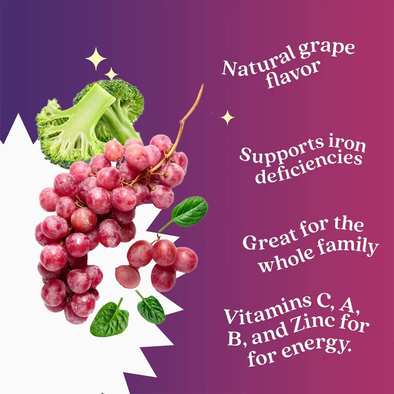 A variety of vitamins containing iron and zinc - grape flavored, women's, men's, and children's vegetarian supplements