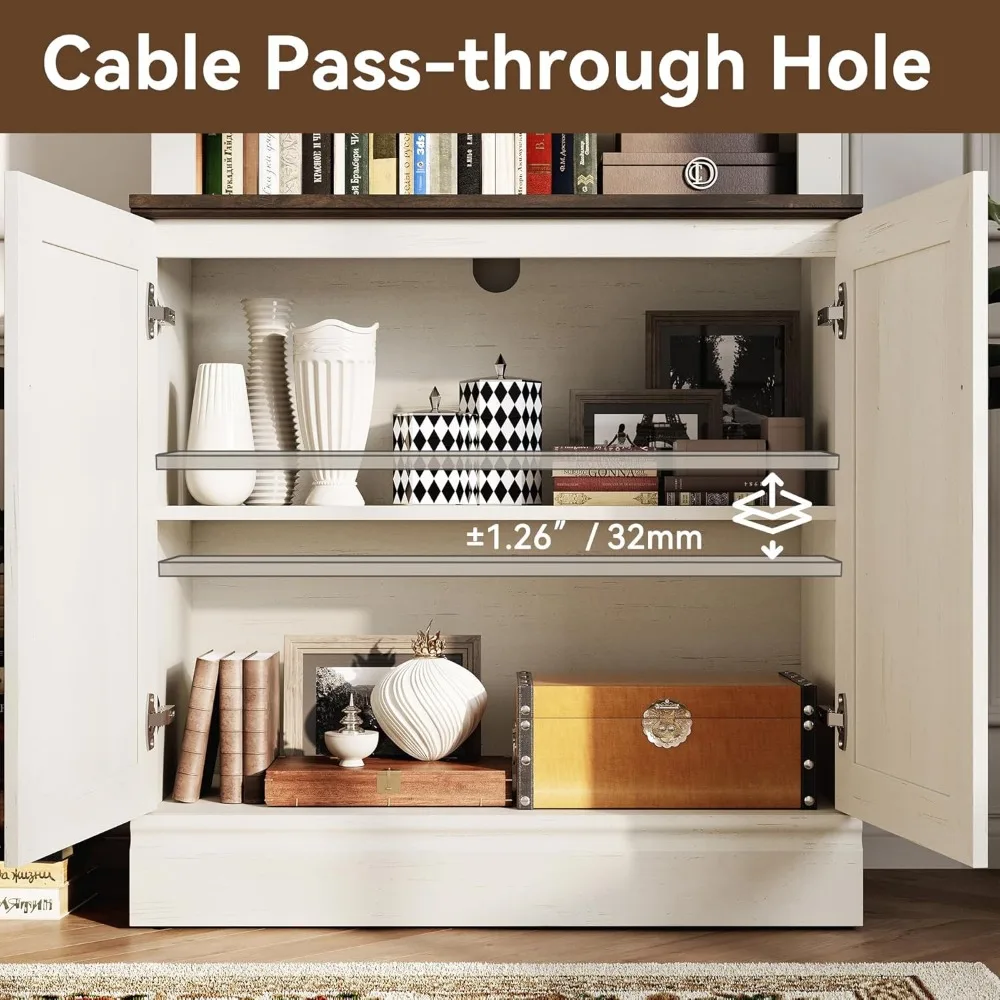 5단 조절 가능한 앤티크 화이트 우드 책장, 수납 캐비닛 포함, 가정 및 사무실용 높은 독립형 책장