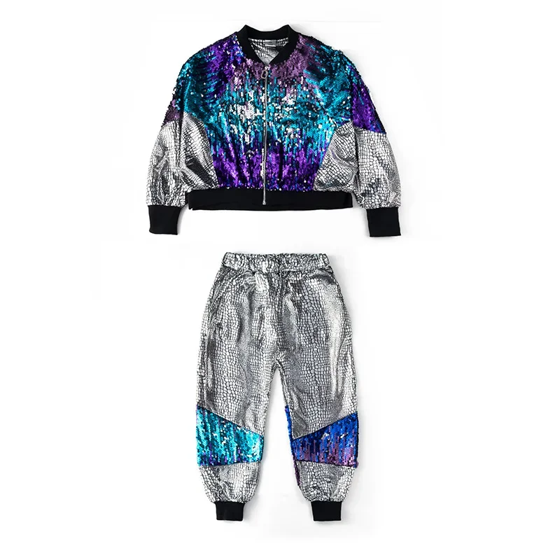 Street jazz dance costumes for performers, children's hip-hop costumes, sequin jackets, loose silver pants for girls and boys