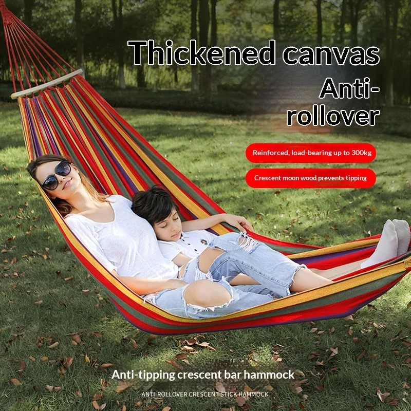 Portable Outdoor Hammock Thick Canvas Material Anti-tip Design Crescent Wooden Bar for Beach Hiking Backyard Camping Backpackers Families hammock tent swing hammock hammock