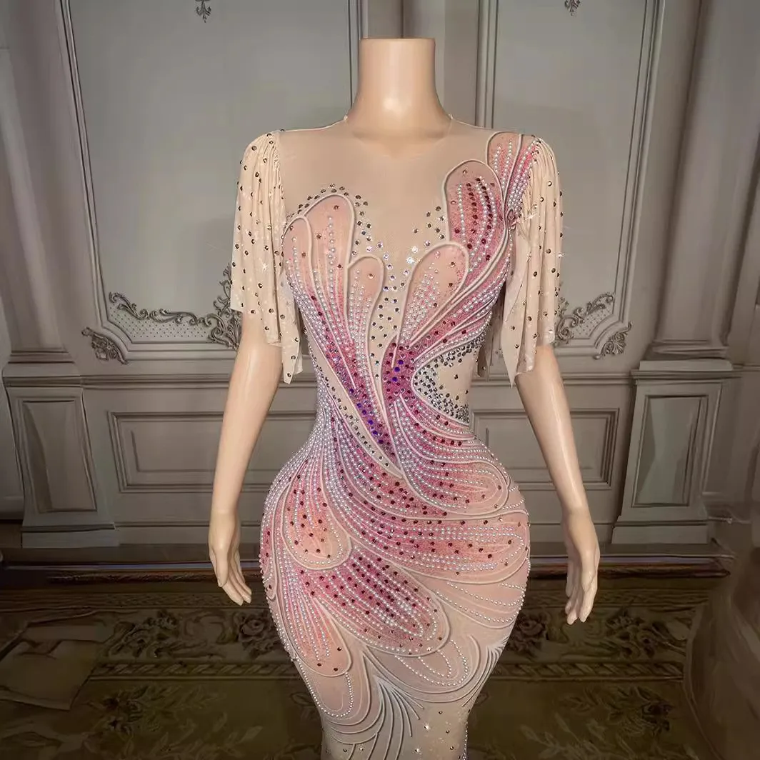 ชุดราตรีวันเกิดสะโพกชุด Rhinestone บาร์ประสิทธิภาพตาข่ายชุดราตรีโฮสต์ Vestido Con Piedras Y Cristales Lujo