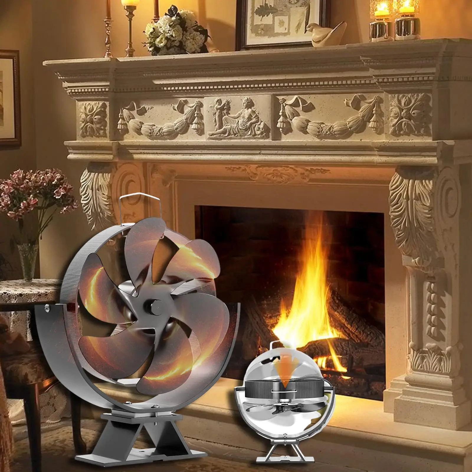 Ventola alimentata a calore ventola per camino a 6 pale silenziosa inferiore a 25db ventola per bruciatore a legna a risparmio energetico materiale in alluminio da corsa silenzioso