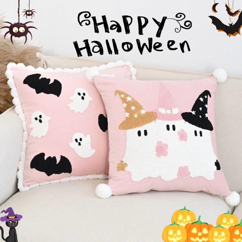 Ins Hot Sale Halloween Cute Ghost Embroidered Lace Cushion Pillow Cover Home Sofa Decoration