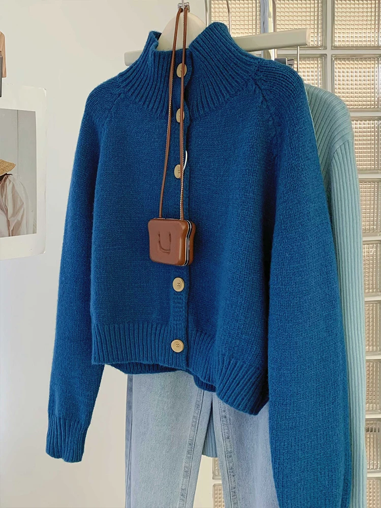 

Корейский синий вязаный открытый кардиган Sle Klein, женский осенне-зимний свободный мягкий верхний свитер с высоким воротником
