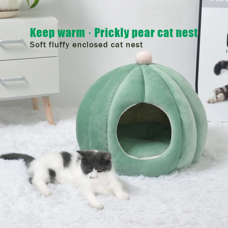 Cat Bed with Cushion Super Warm Winter Semi closed Dog Kennel Plush Round Pet Bed 3 Colors Wholesale camas para gatos