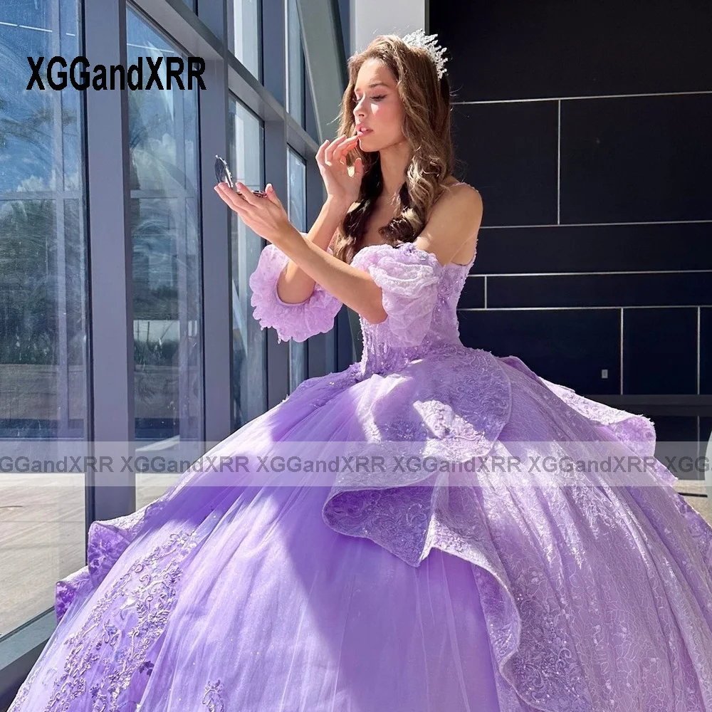 Purple Mexican Vestidos De 15 Quinceañera 3D Flower Sweetheart Layers Applique Ball Gown Sweet 15 16 Birthday Quinceanera Dress