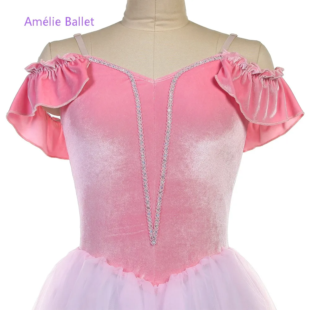 25128 새로운 발레 의상 오프 숄더 핑크 벨벳 로맨틱 롱 발레 의상 무대 공연 댄스 의상 5가지 색상