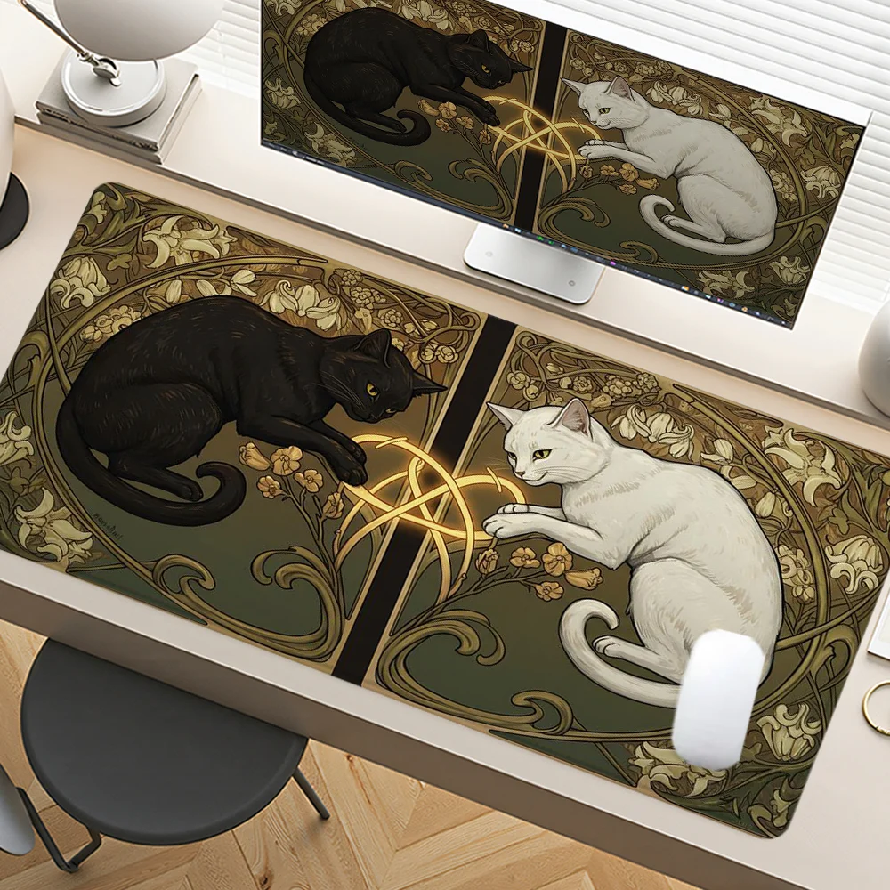 

Mystery Cat Mouse Pad Boho Style Desk Accessories Desk Pad Rubber Base with Stitched Edge Mousepad Non-Slip Deskpad for Office