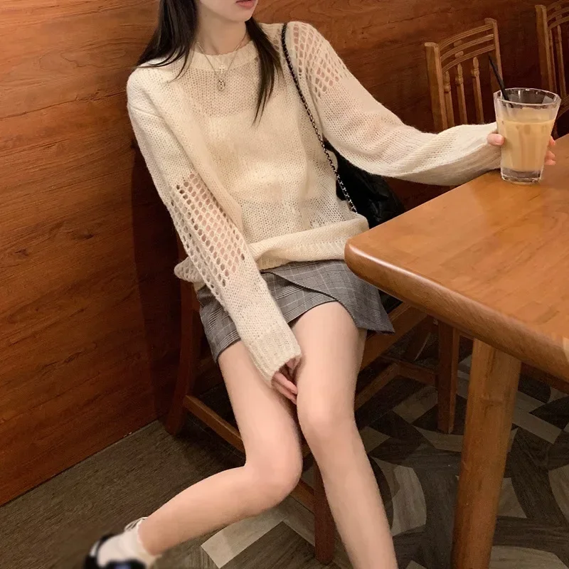 

Осень 2024, повседневный вязаный свитер, женский элегантный меховой пуловер, офисная женская верхняя одежда, корейская модная одежда Y2k, шикарная блузка