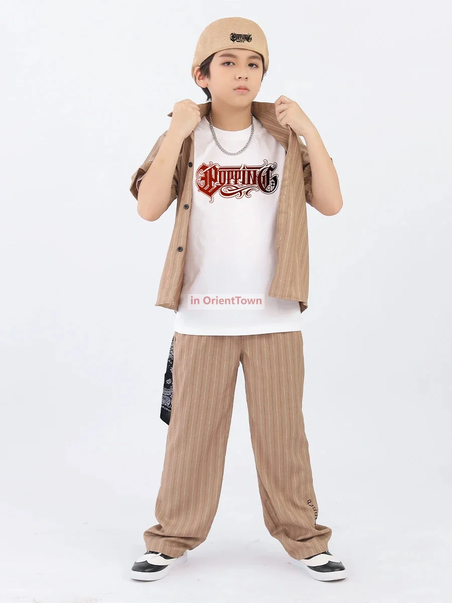 Popping-ropa de baile callejero para niños, conjunto de camisa y pantalones de manga corta para chico y adulto, traje de Hip Hop con bloqueo