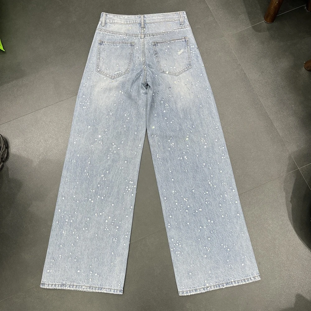 TWOTWINSTYLE Casual Slimming Jeans For Women High Waist Spliced Diamonds Spring Design Sense Trousers Female Fashion KPA557168