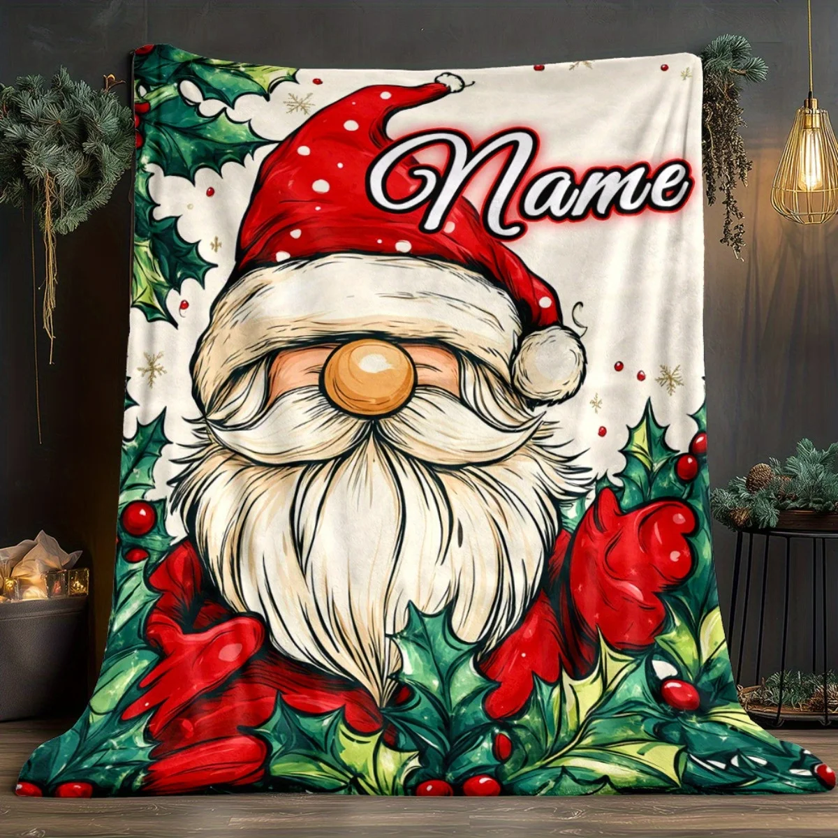 Personalized Custom Name Christmas Blanket Santa Claus & Holly Berry Plaid Soft Flannel All-Season Sofa Bed Travel Throw Ideal