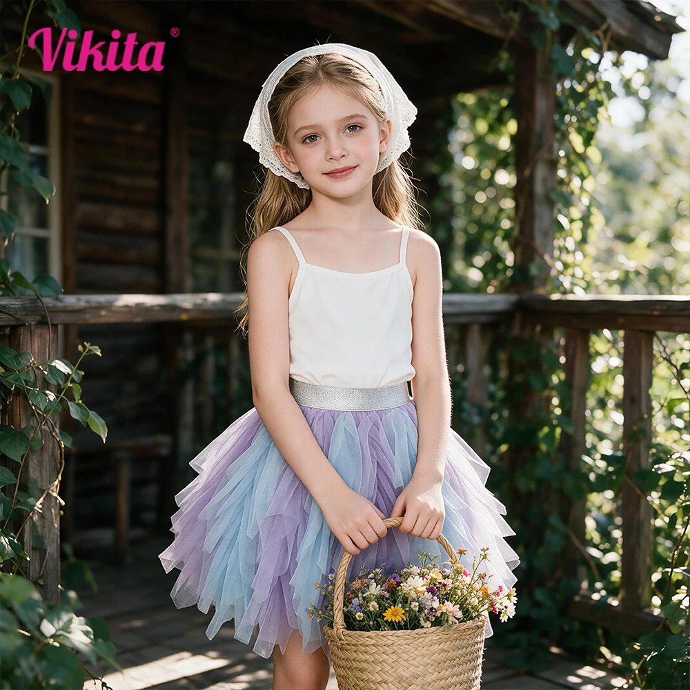 VIKITA Girls Gradient Purple Blue Tutu Skirt with Sliver Glitter Waistband Kids Layered Fluffy Princess Ballet Dance Party Skirt