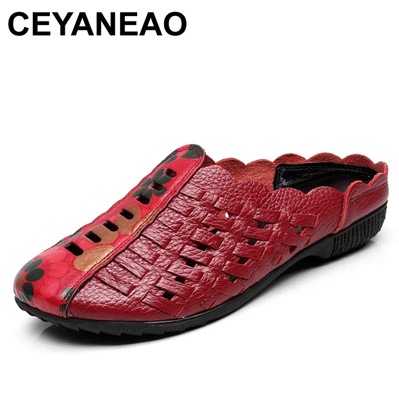 CEYANEAO  New Mother Slippers Fashion Cut outs Ladies Slippers Genuine Leather Soft Comfortable Casual Large Size Shoes Woman