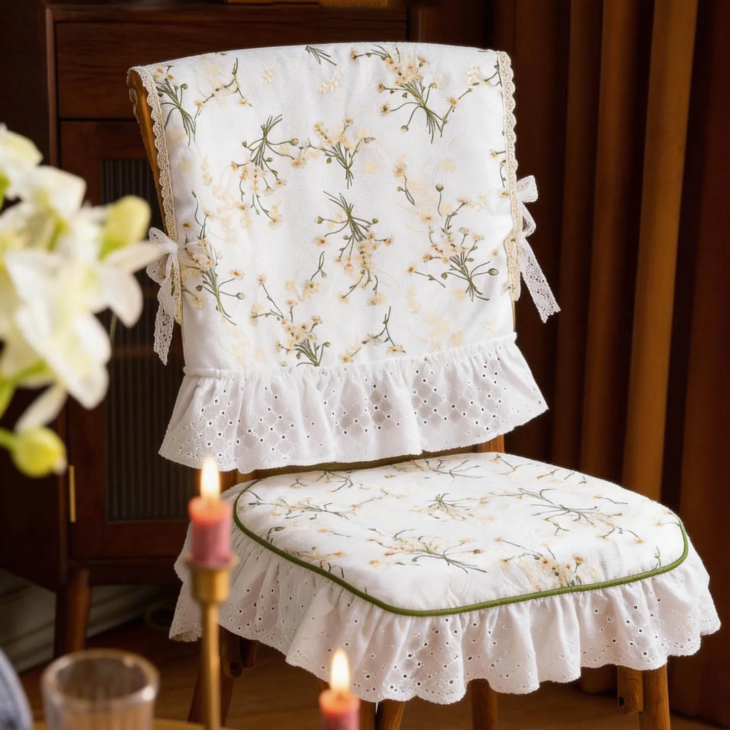Korean Style Thicken Dining Chair Cushion Vintage Ruffled Strap Seat Cover Floral Office Seat Cushion Removable And Washable