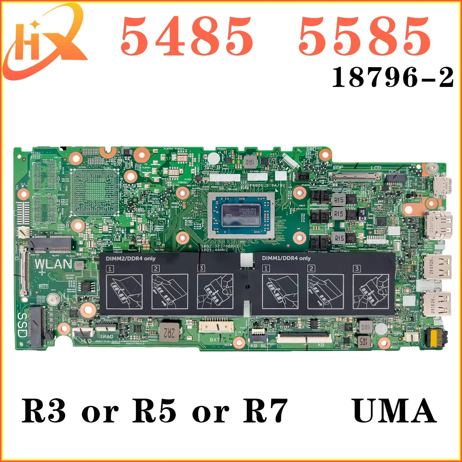 18796-2 Placa-mãe para Dell Inspiron 15 5585 14 5485 Placa-mãe portátil R3 R5 R7 3th Gen UMA