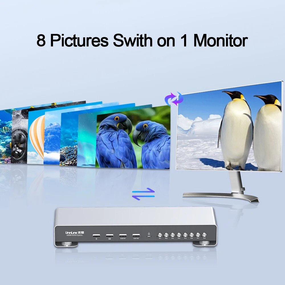Unnlink-Switch KVM HDMI, 8 em 1 comutador de vídeo de saída, 8 portas, 8 Host Share, 1 monitor, USB, mouse, teclado, Pinter com extensor