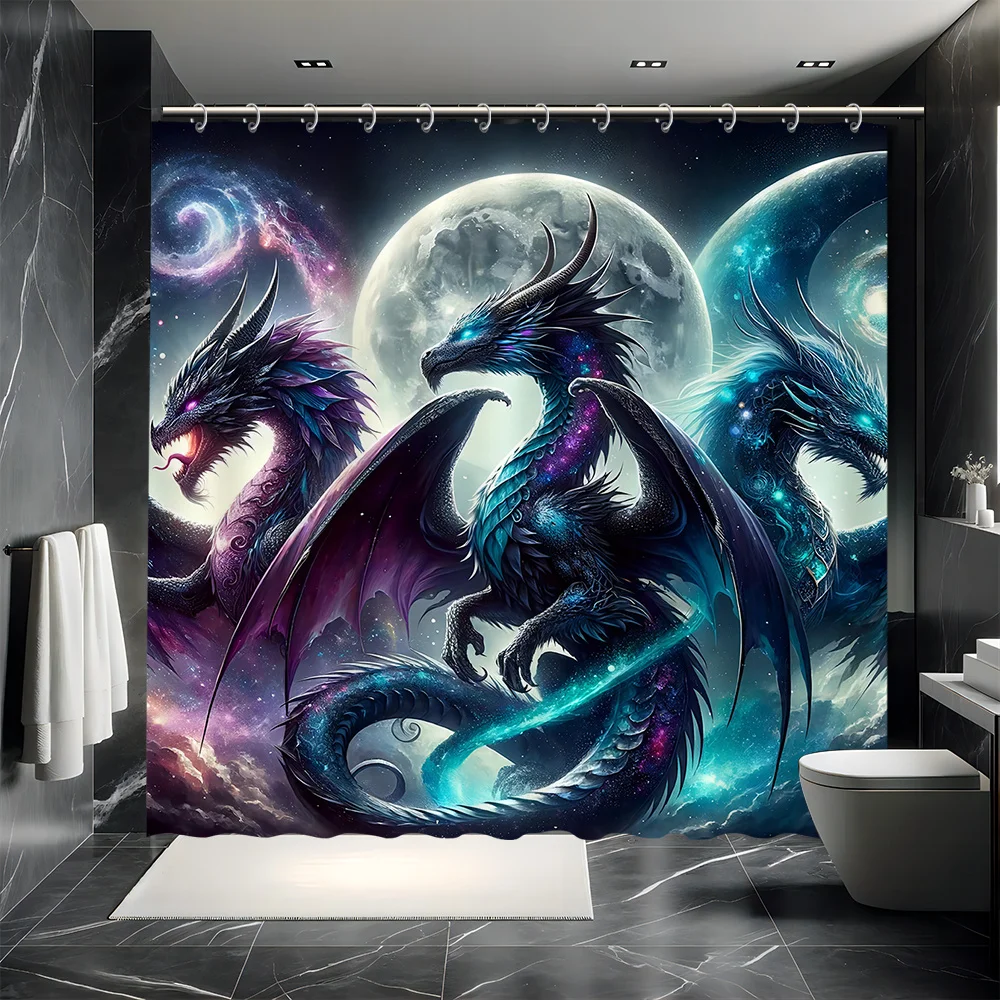 1pc Shower Curtain - Celestial Dragons with Moon and Galaxy Background Design for a Mystical Bathroom Waterproof