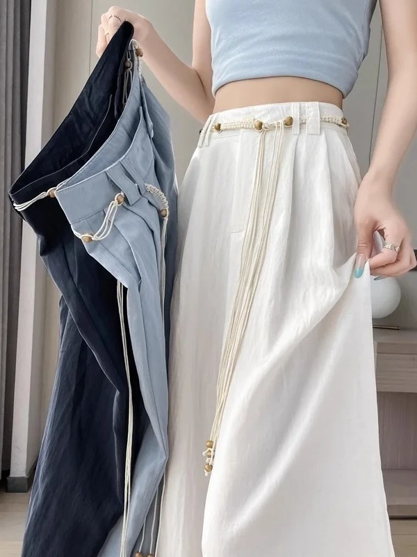 

High Waist Wide Leg Pants Women's Spring Summer Thin Linen Samurai Pants Ice Silk Cotton Linen Casual Drape Straight Floor-Le...