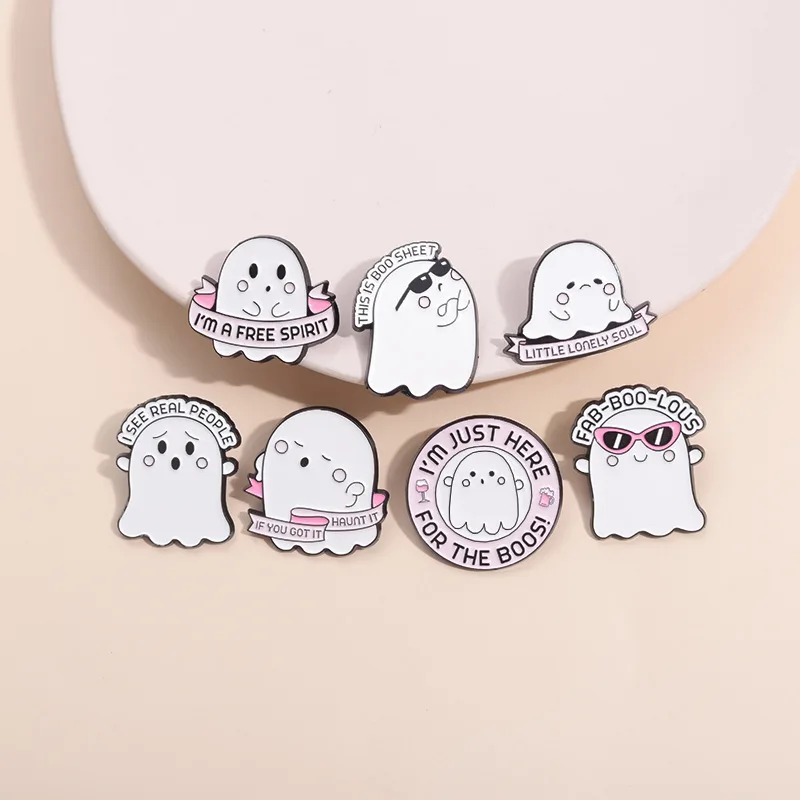 Cartoon Sunglasses Ghost Boo Enamel Pins Funny Cute Spooky I'm A Free Spirit Brooches Lapel Backpack Decor Badge Jewelry Gifts