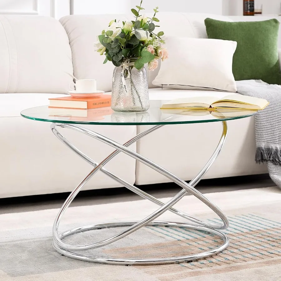 طاولة قهوة زجاجية مستديرة 31.5 مع إطار بيضاوي معدني لامع مطلي بالكروم طاولة قهوة فضية حديثة لغرفة المعيشة #6