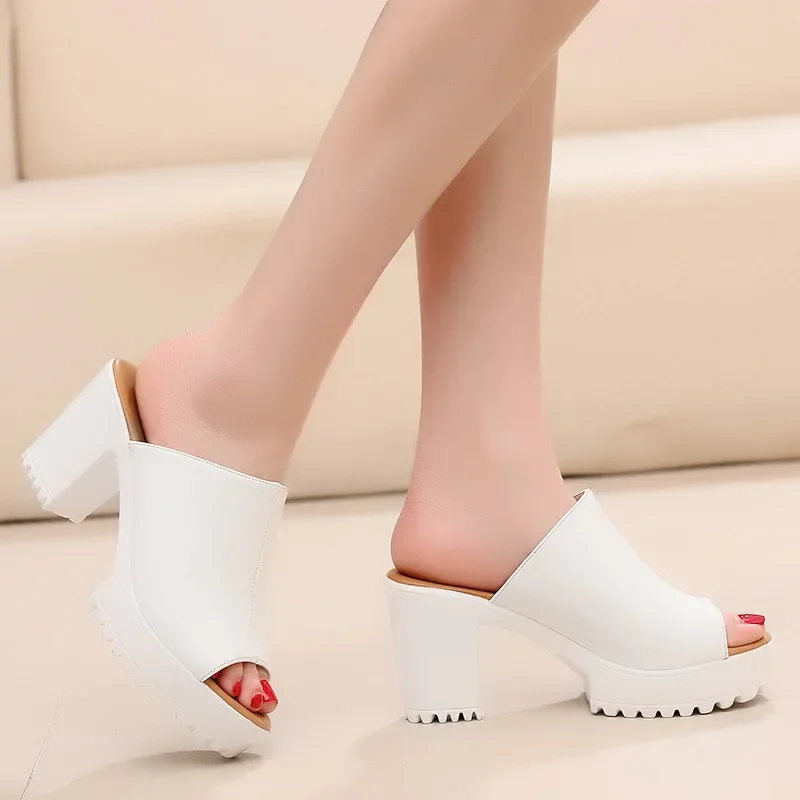 Sexy Small 33-43 Open Head Leather Slippers Women\'s Platform Shoes Summer 2024 Block High Heels Slides for Office Beach Mom