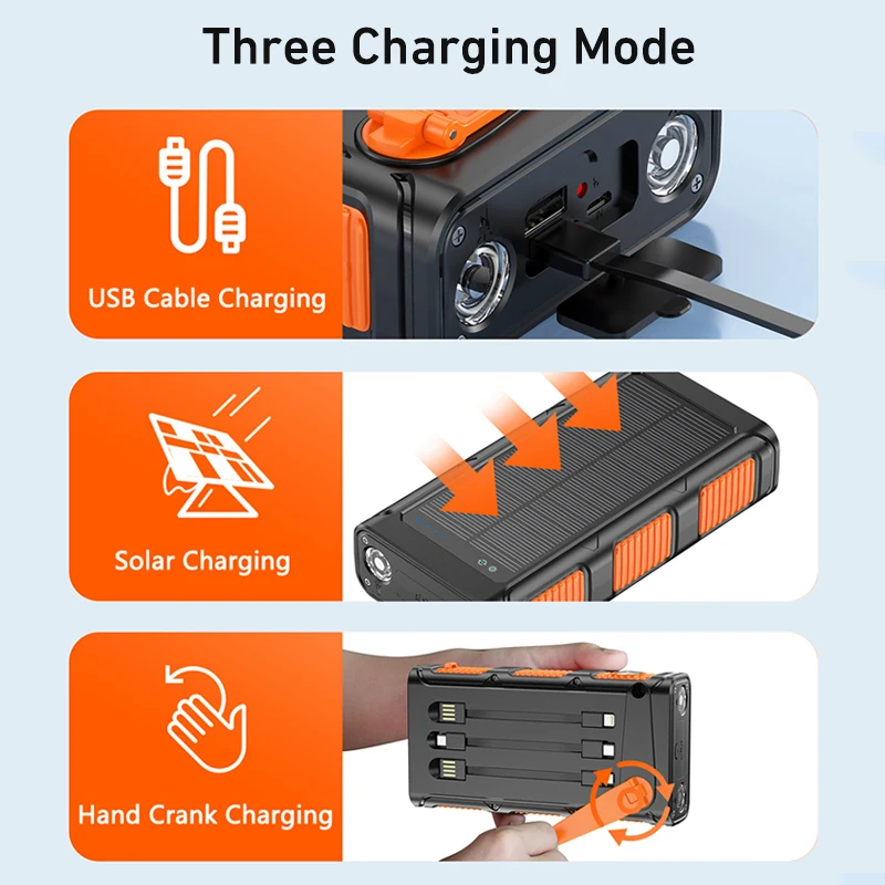 30000mAh Solar Power Bank Hand Crank USB C Fast Charging Outdoor Portable Charger Powerbank with Cables LED Light for iPhone 15