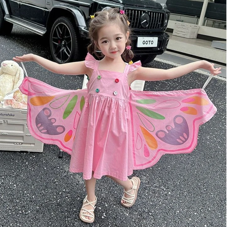 Girls Dress 2026 Spring and Summer New Childrens Clothing Korean Wind Girl Baby Lovely Suspender Butterfly Wings Splicing Dress