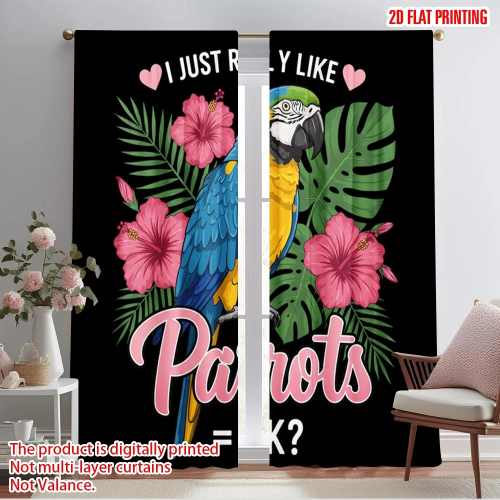 

2pcs 2D flat printing Window Curtains Parrot Hibiscus Tropical Flower Polyester Without Electricity Festive Holiday Perfect for