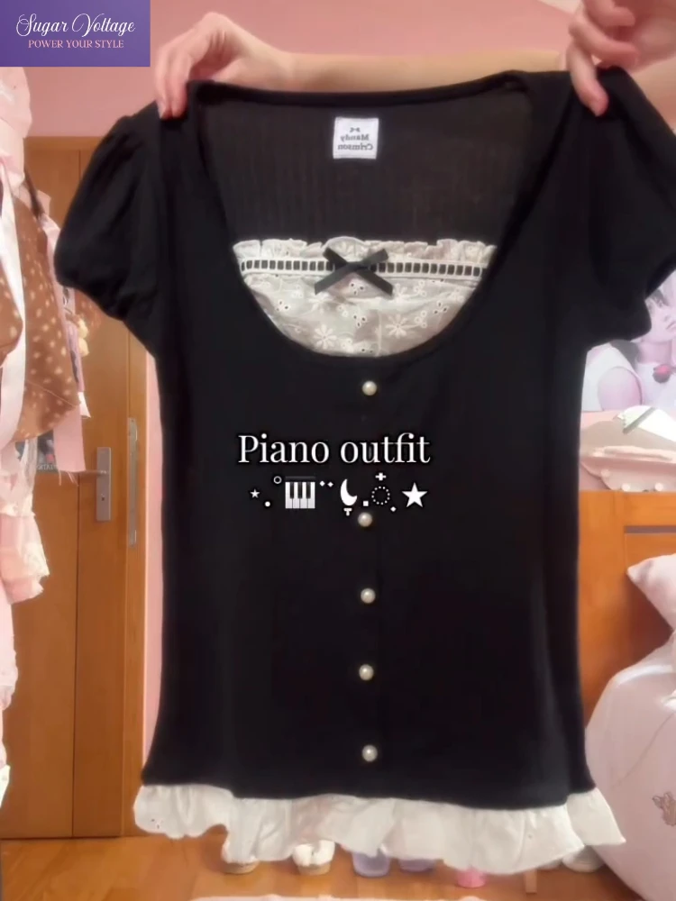 

Harajuku Vintage Fake 2 Piece T-Shirt Women Slim Black Bow Pearl Buttons Short Sleeve Top Cute Fashion Summer Casual Outfit