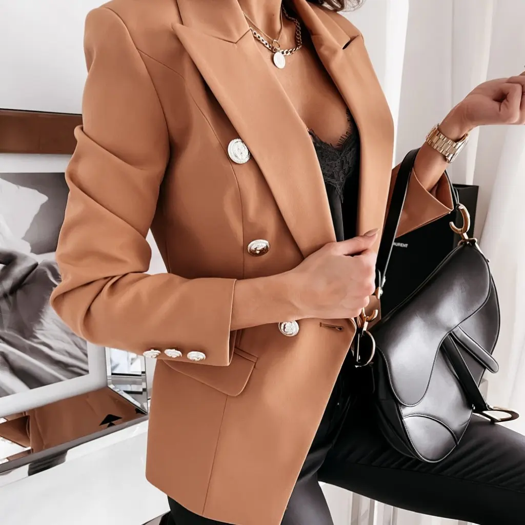 Independent Station Jaqueta de terno estampada xadrez trespassado de manga comprida para mulheres coleção outono/inverno