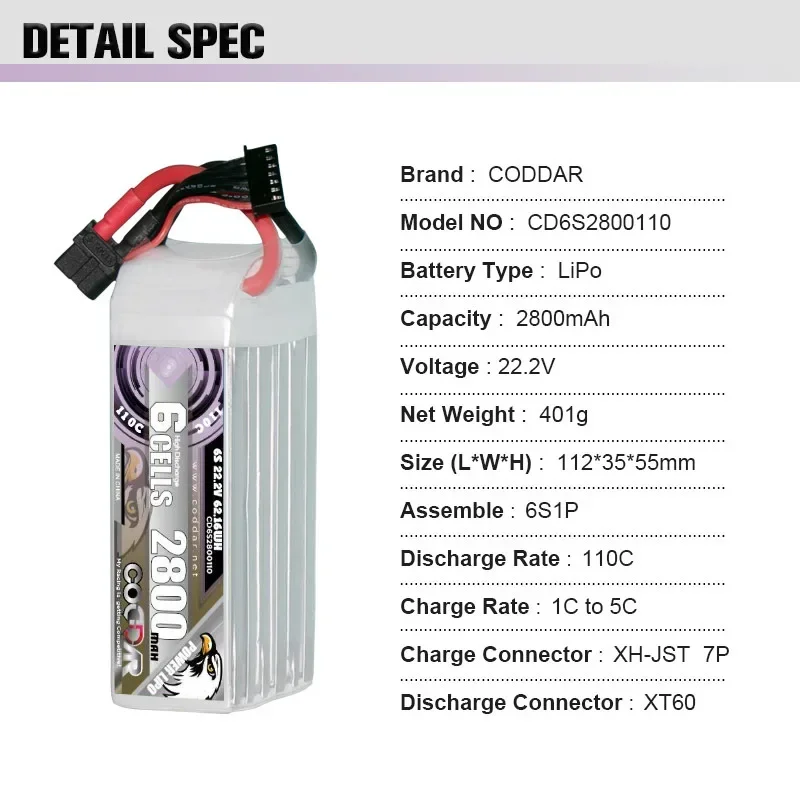 CODDAR 2800mAh 6S 22.2V Lipo Battery 110C With XT60 Plug FPV Power for Frame RC Helicopter Plane Car Accessories