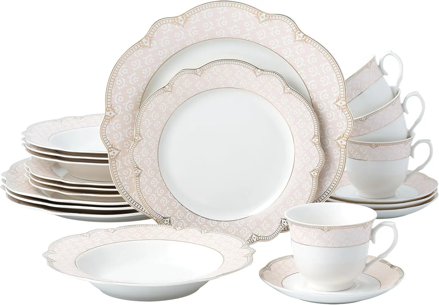 

20-Piece Bone China Dinnerware Set, Service for 4, Blush Pink and Gold