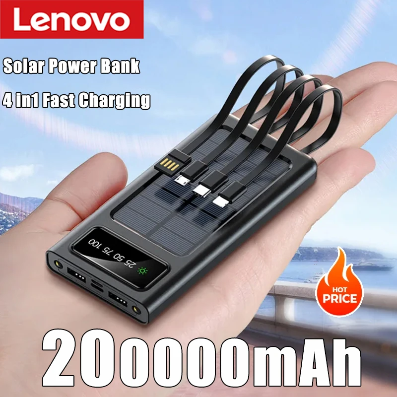 Banco de energía Solar Lenovo de 200000mAh, batería de gran capacidad, USB 4 en 1, carga rápida, luz LED, banco de energía para exteriores para iPhone y Samsung