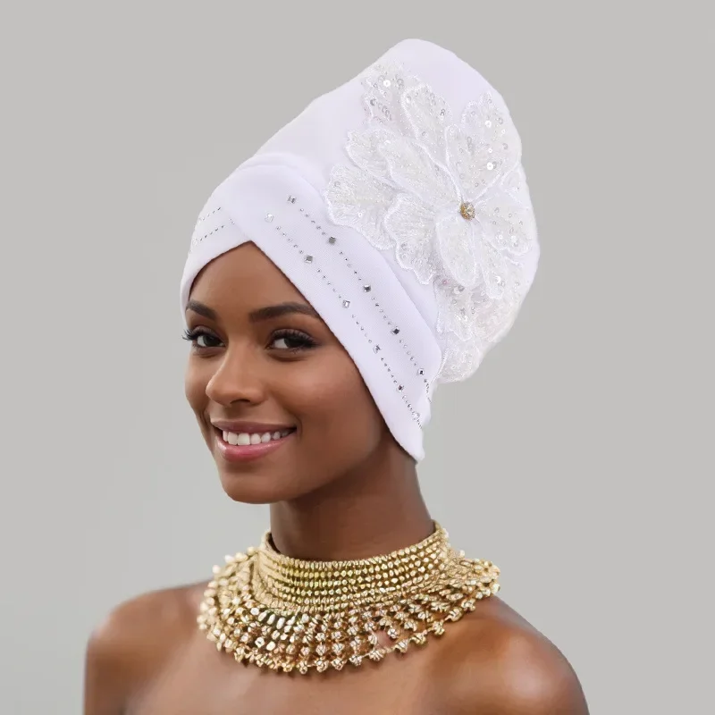 

Already Made Wedding Geles Female Head Wraps with Diamond Flower 2025 New African Women's Turban Cap Nigeria Auto Gele Headtie
