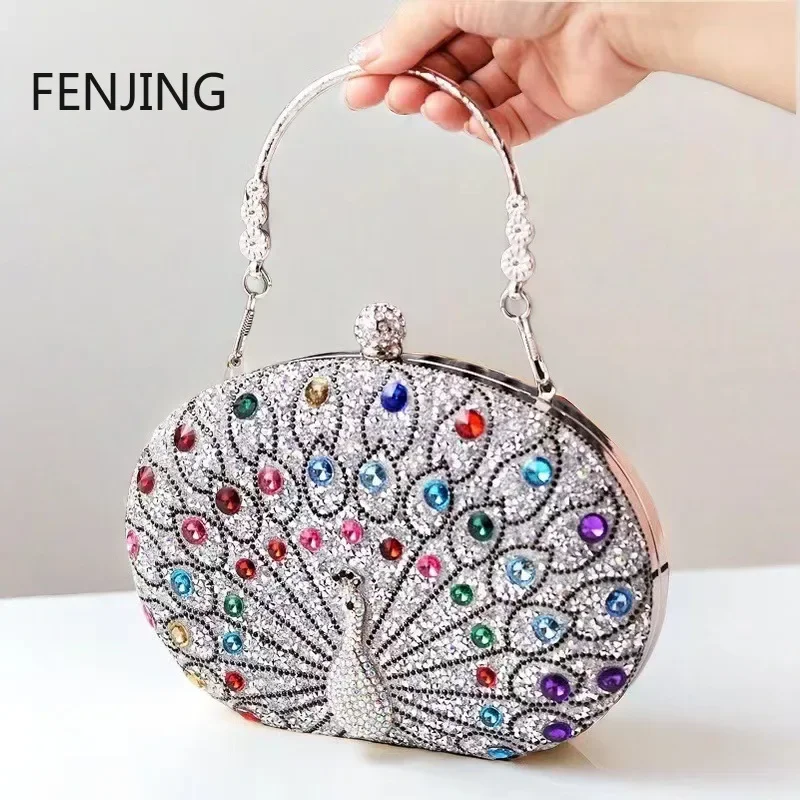 Design circular feminino sacos de noite strass festa casamento nupcial saco embreagem diamantes metal pavão animal pequenas bolsas 2024