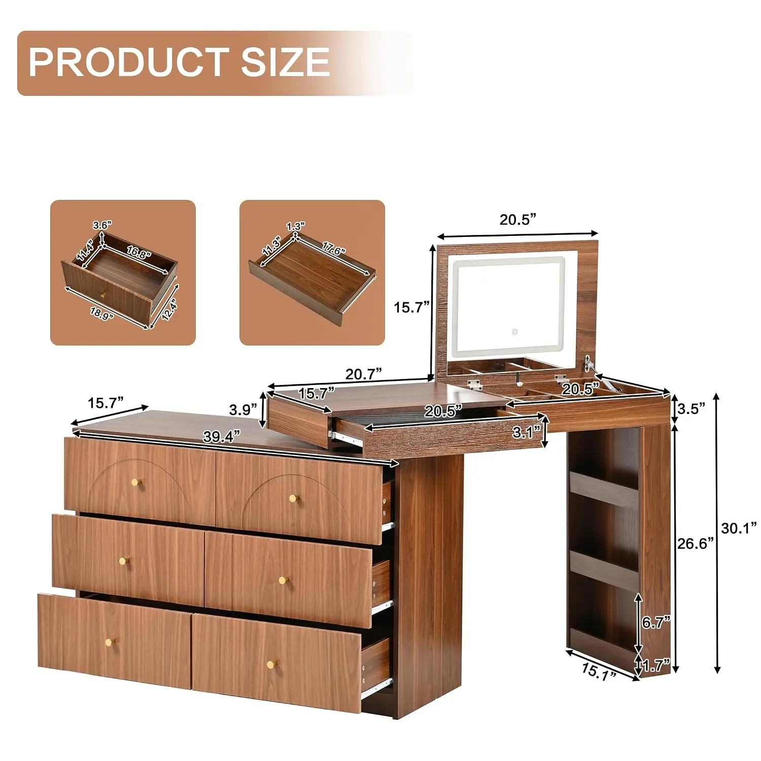 Vanity Desk with LED Mirror & Flip-Top, 7 Drawers & 9 Compartments & 3 Shelves, 3 Color Lighting for Bedroom, Customized