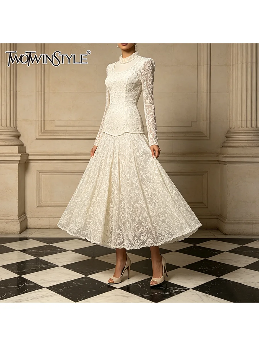 TWOTWINSTYLE Patchwork Embroidery Dresses for Women Stand Collar Long Sleeve High Waist Slimming Mesh A Line Dress Female 2026