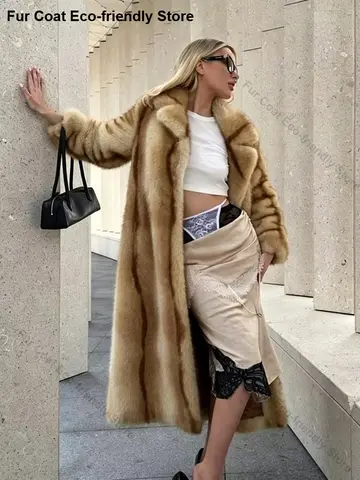 Women Long Faux Fur Coat Women's Artificial Fur Coat Long Fur Coat Notched Lapel Belted Faux Fur JacketThick Outerwear New