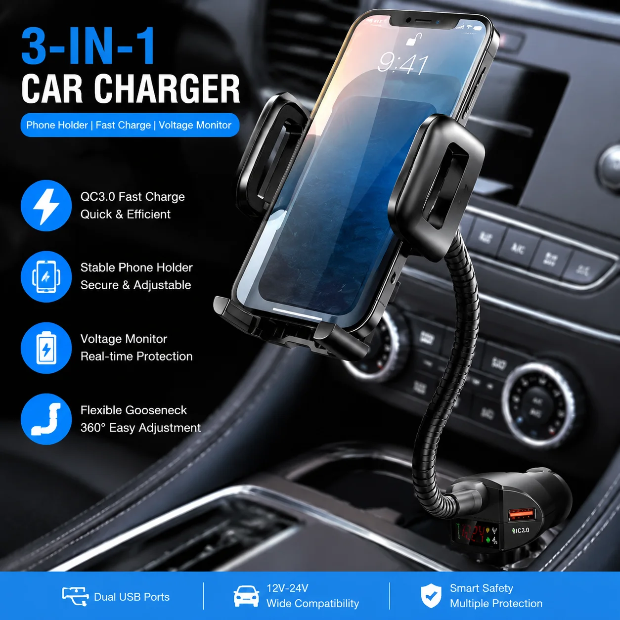 

3 In 1 Car Cigarettes Lighter Phone Holder Dual USB Car Charger With Voltage Detector Adjustable Cell Phone Holder Stand For Car