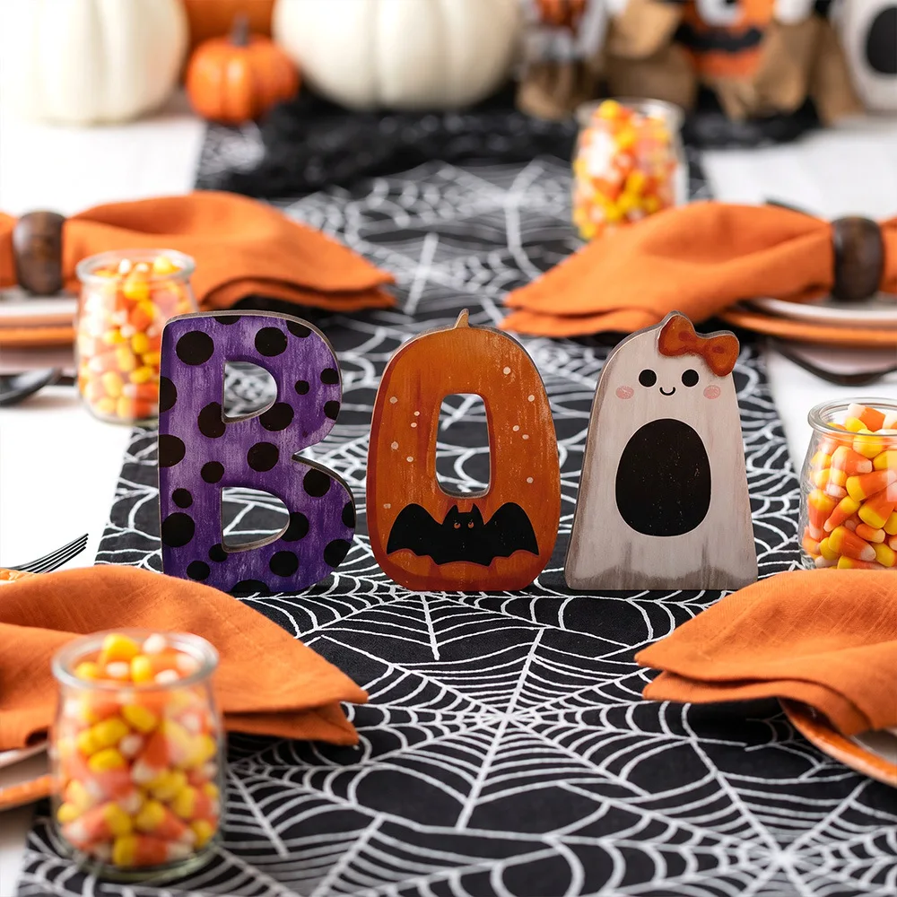 Halloween Wooden for boo Double Level Desktop Decor for Shelf for bookshelf Party Setup 15x10cm White Wood 15 10cm Craft