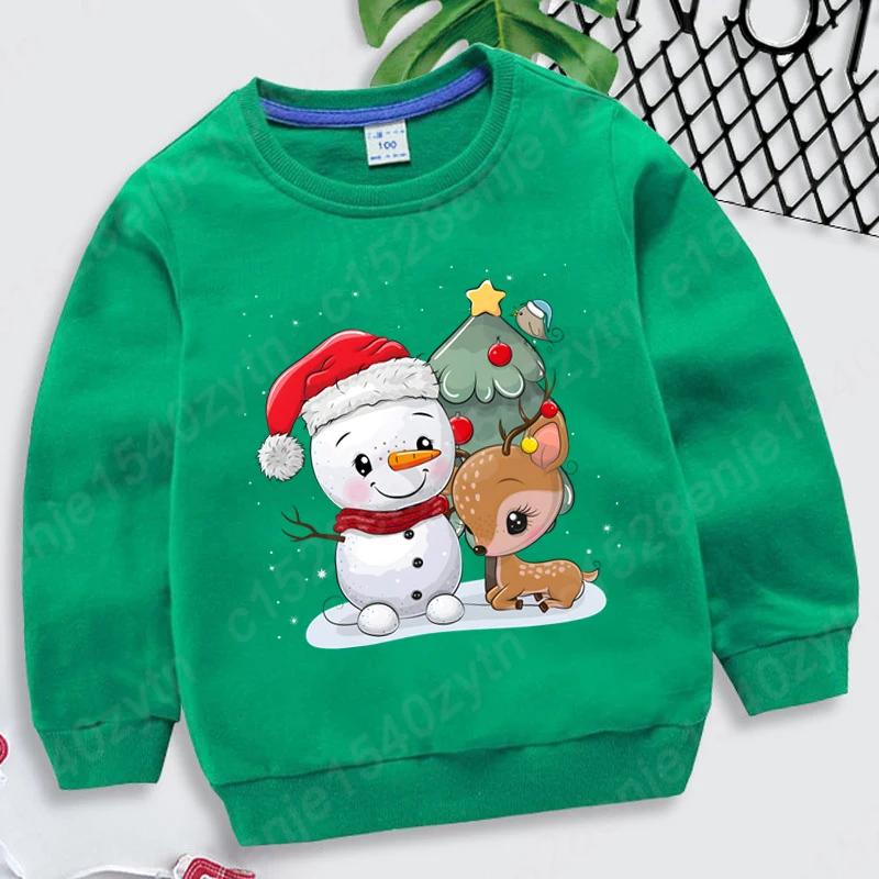 Christmas Tree Snowman Reindeer Print Pullovers Round Neck Kids Boys Girls Hoodeless Sweatshirts Long-sleeved Autumn Sweatshirts