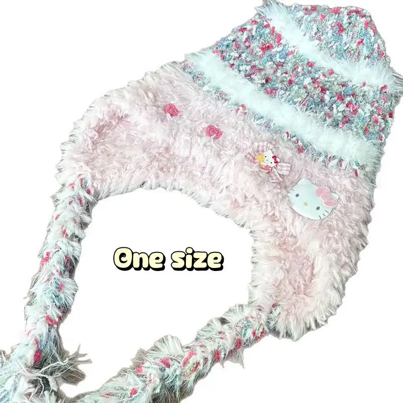 سانريو مرحبا كيتي الصوف محبوك قبعة شتاء دافئ الباردة واقية قبعة KT الأذن حماية قبعة جرلي الإكسسوارات هدايا عيد الميلاد