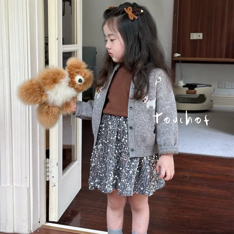 Korean Children Clothing 2024 Autumn New Korean Girls Cartoon Knitted Cardigan Coat Sequined Half Skirt