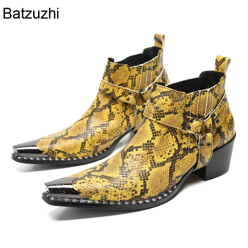 

Batzuzhi Yellow Genuine Leather Ankle Boots Men 6.5cm Heels High Pointed Metal Tip Slip on Business, Party and Wedding Boots Men