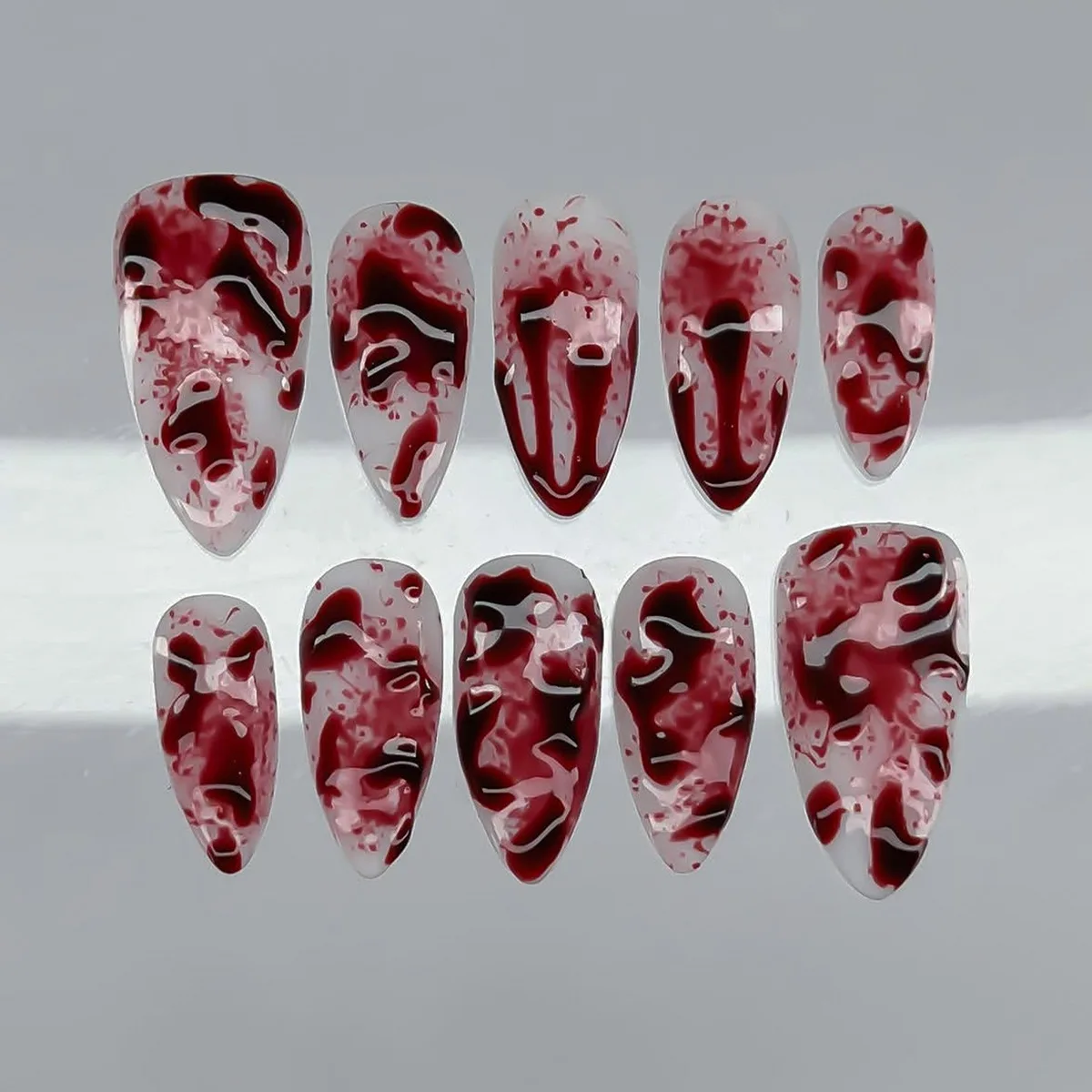 24Pcs Halloween Red Almond Nails Set Press on Spider Web Pattern Round Head False Nails Bat Fake Wearable Nail Tips Supplies