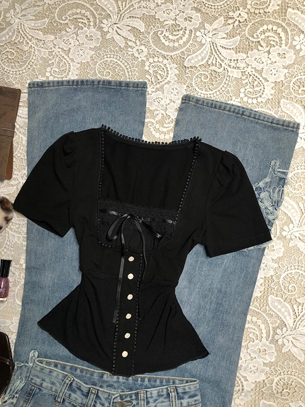 

Оригинальная футболка n Bla Lace Splice ort Sve, женская летняя модная футболка с квадратным воротником, хлопковая одежда с застежкой на талии...